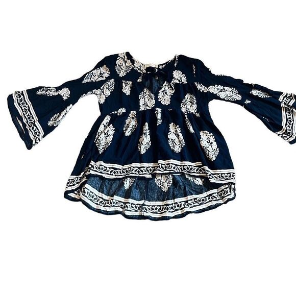 Altar'd State Blue Tan Boho Print Bell Sleeve High Low Front Tie Top XS Flowy - Picture 1 of 10